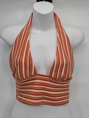 Striped Orange Halter Knit Crop Top